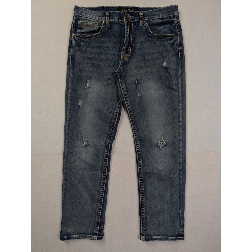 True Luck Mens Straight Leg Jeans 34 / 32 Distressed Embroidered Blue